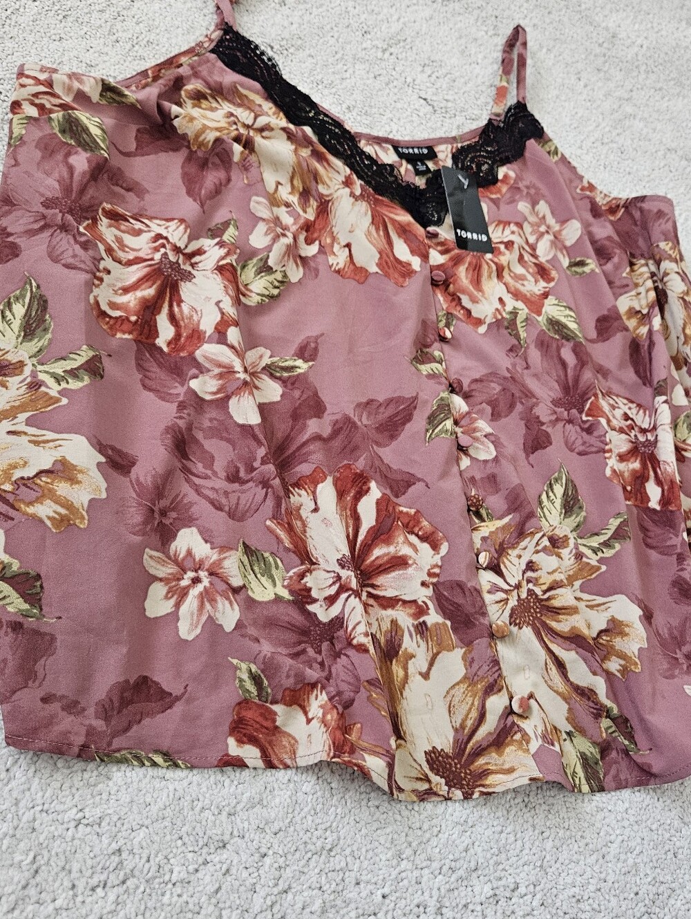 NWT Torrid Satin Lace Button Cami V Neck Sleeveless Walnut Floral Women 1X 14-16 - Picture 6 of 7